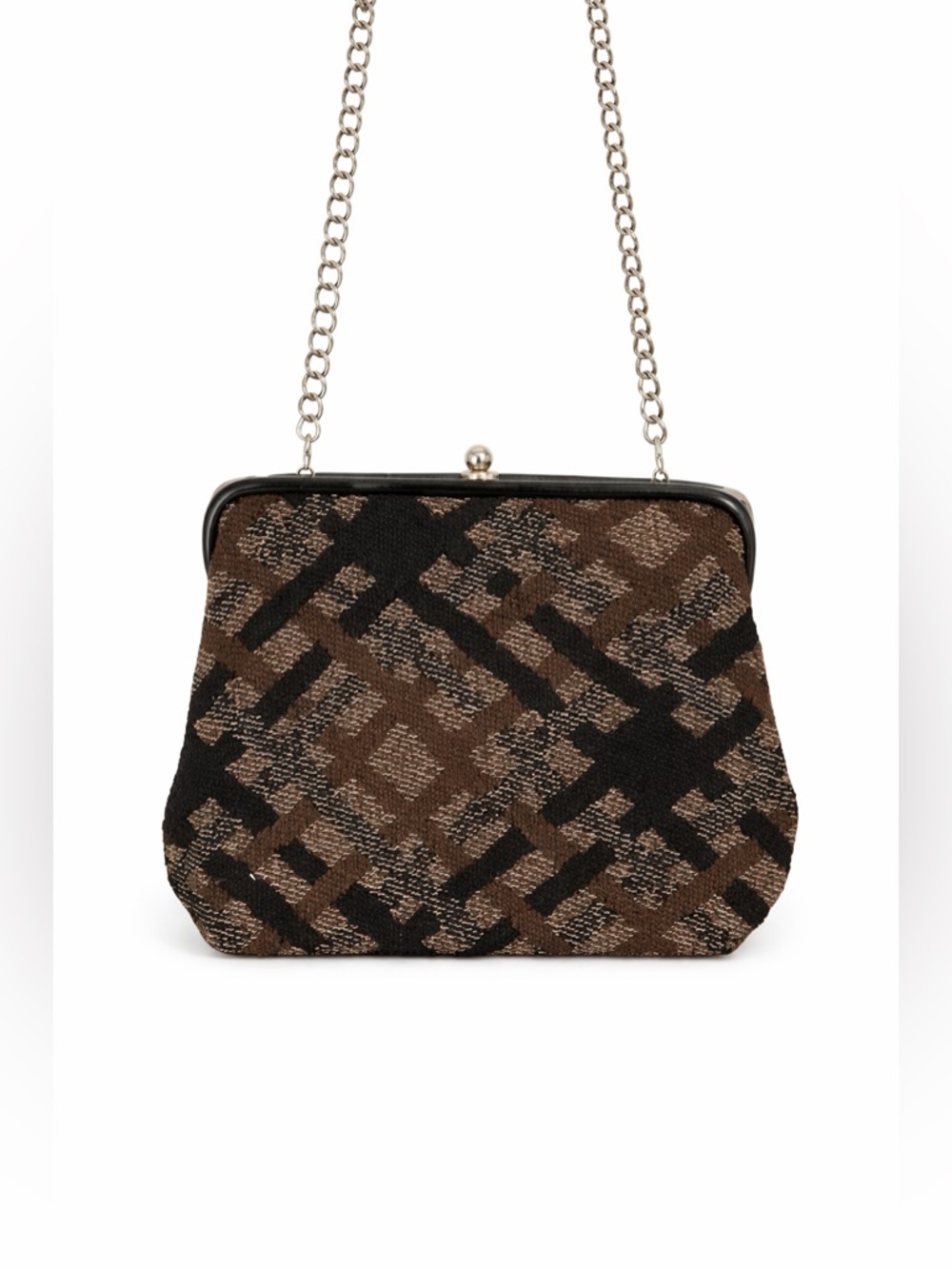VINTAGE Women’s Black Brown Tweed Plaid Knit Fabric Chain Strap Clutch Handbag
